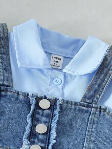 SHEIN 2pcs/Set Girls Summer Chic Outfit - Halter Neck Sleeveless Dress + Turndown Collar Short Cap Sleeve Blouse Dress, Casual & Elegant - Blue - View 3