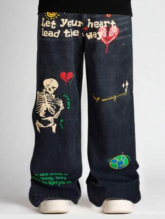 Street Life Men's Slogan & Skull Print Pocket Baggy Loose Casual Jeans