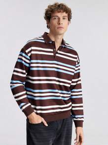 Ontre Camisa polo casual de manga larga con rayas para hombre, otoño