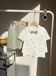 2pcs Toddler Boys Casual Set - Front Button Short Sleeve Top And Shorts - White - View 9