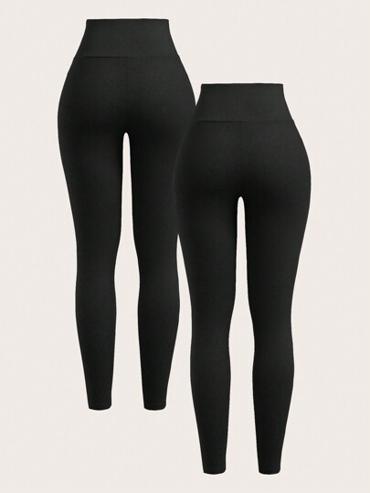Two-Piece Set Women's Solid Color High Waist Simple Slim Casual Leggings High Waisted Seamless Tummy Control Workout Pants, Compression Yoga Tights With 4-Way Stretch Soft Activewear For Studio Fitness & Training Leggings For Women Gym Sets
