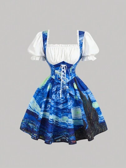 SHEIN MOD Vestido midi de manga abullonada y cintura ceñida con estampado de pintura al óleo vintage