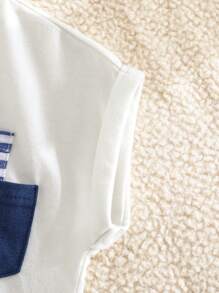 Cozy Pixies 2pcs/Set Baby Boy Decorative Pocket Knitted Soft Round Neck Raglan Short Sleeve Pullover Top And Striped Pants Set - Multicolor - View 11