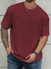 Manfinity Homme Camiseta de manga corta de cuello redondo y color liso para hombres de talla grande, sencilla y casual para el uso diario - Burdeos - Ver 5