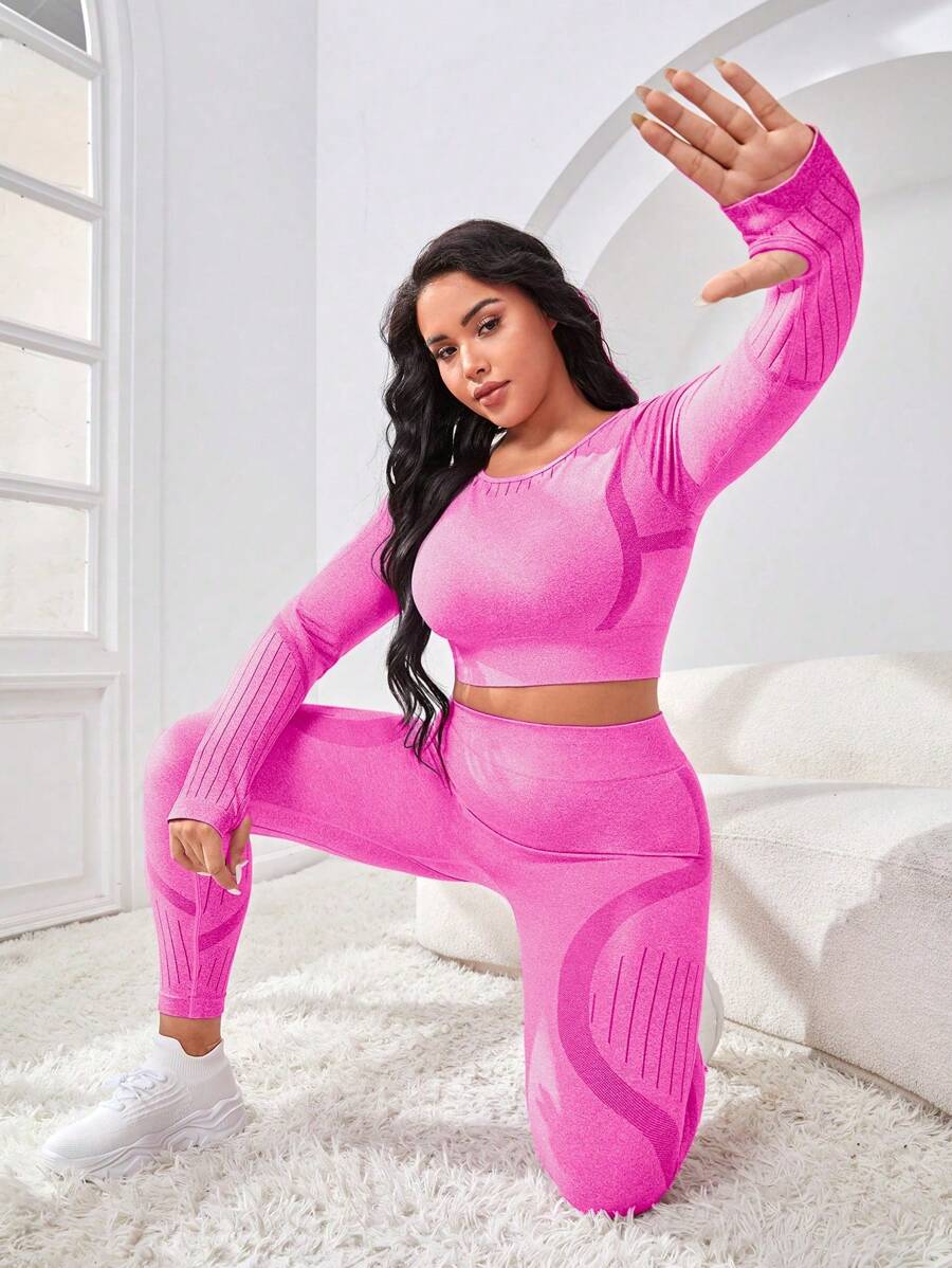 Studio SHEIN Sport Plus Size Striped Print Sports Set Workout Women Set ...