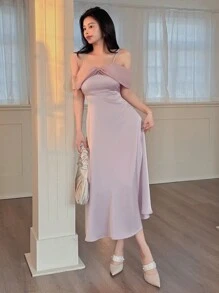 DAZY 女士拼接无袖中长连衣裙 舞会礼服 优雅正式女士连衣裙 - 紫色 - 查看 8