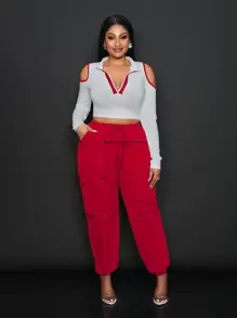 Slaydiva 2pcs/Set Women Casual Color Block Trim Off Shoulder Crop Top And Pants