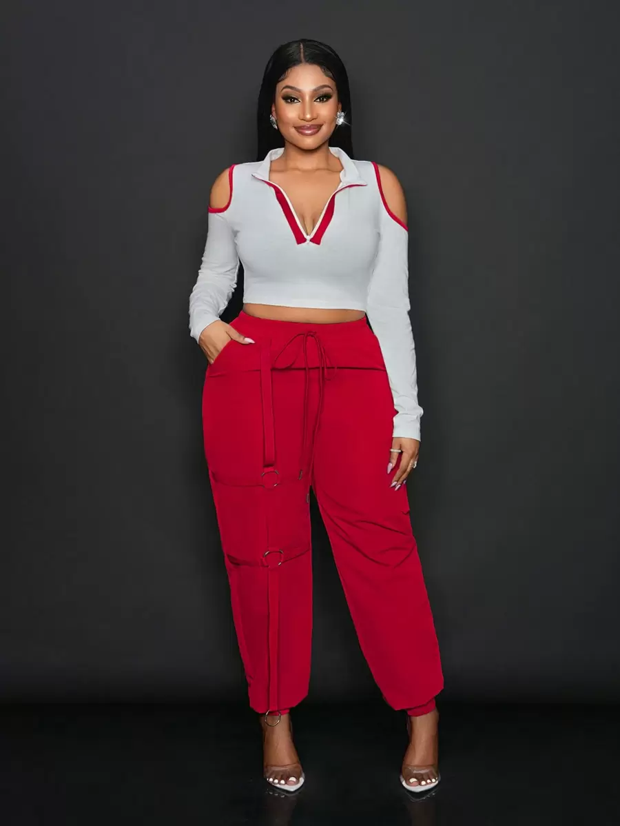 Slaydiva 2pcs/Set Women Casual Color Block Trim Off Shoulder Crop Top And Pants
