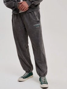Musero Washed Graphic Patch Print Cuffed Sweatpants Jersey Joggers Autumn Winter Wardrobe - Grey - View 2