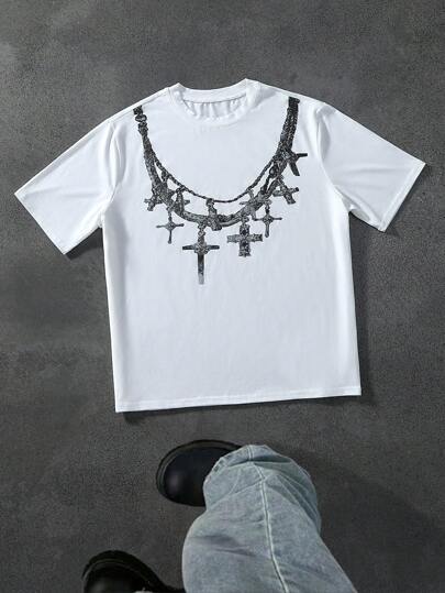 Manfinity EMRG Men's Chain Print Round Neck Short Sleeve Casual T-Shirt White Tee Men White Men Clothing Men T Shirts Graphic Tee