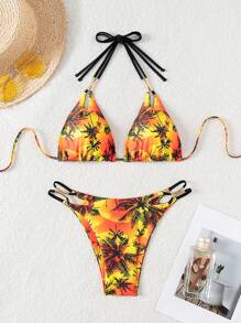 Slaydiva Summer Women's Sexy Backless Tie-Up Graphic Bikini 2 Pieces Bikini Set - Multicolor - View 1