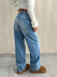 EURMUSE 女士低腰直筒牛仔裤 - 淺色水洗藍 - 查看 2