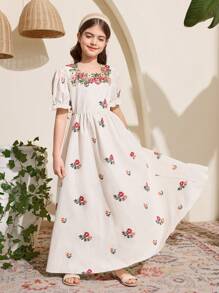 SHEIN Leap Crew Tween 女童优雅度假蕾丝拼接 V 领泡泡袖 A 字中长连衣裙 - 白色 - 查看 3