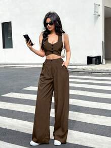 SHEIN Essnce 2pcs Women Plain Single-Breasted Cropped Vest And Pants Set - Coffee Brown - View 3