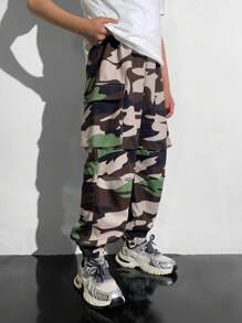 Tween Boy Casual Versatile Comfortable Street Camo Printed Pattern Applique Pockets Drawstring Loose Woven Pants, Suitable For School, Garden, Beach, Birthday, Spring/Summer/Fall/Winter Seasons - Multicolor - View 3