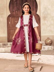 SHEIN Conjunto de atuendo informal para vacaciones de niña preadolescente con vestido cruzado de manga abullonada y abrigo estampado con motivos florales retro elegantes - Burdeos - Ver 6