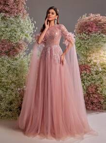 Glamrae Elegant & Luxurious Mesh Patchwork Long Sleeve Maxi Dress With Faux Pearl Beading & Sequins, Wedding Guest Dress, Suitable For Wedding, Party, Prom, Banquet, Vacation, Formal Dress, Evening Dress,Gown - Dusty Pink - View 4