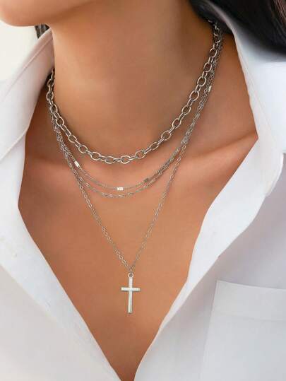 Goth 4pcs/Set Fashionable Punk Style Cross Pendant Necklace Set