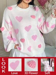 Flirla Plus Size Women Heart Pattern 3D Jacquard Lantern Sleeve Sweater, Round Neck Casual Drop Shoulder Long Sleeve Pullover, Suitable For Valentine's Day Holiday, Indoor/Outdoor Wear, Featuring Heart Knit Pullover Fall Winter Outfit