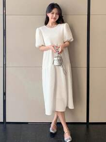 DAZY Women Textured Puffy Sleeve Loose Mid-Length Dress,Ruffle - White - View 4