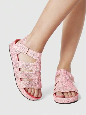 Kawaii Women's Gothic Rock Punk T-Strap Rhinestone Gladiator Sandals, Peep Toe Chunky Platform Wedge Summer Slides