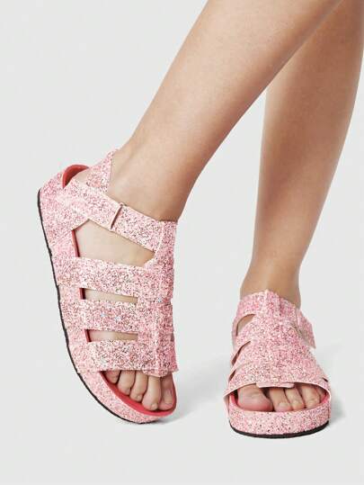 Kawaii Women's Gothic Rock Punk T-Strap Rhinestone Gladiator Sandals, Peep Toe Chunky Platform Wedge Summer Slides