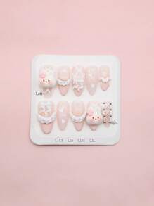 ROMWE Kawaii 10 stuks handgemaakte schattige opdrukbare nagels in konijnenstijl + 3 stuks dubbelzijdige kleefstof, Y2K French Manicure Bowknot geverfde nagelstickers, hoogwaardige patchwork nagelkunst, geschikt voor festivals, feesten, dansen en dagelijks gebruik (sieradendoosverpakking)