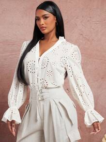 SHEIN SXY Spring/Summer Date Valentine's Day Wedding Elegant Vacation Outfits Birthday Outfits For Woman White Face Cloth Embroidered V-Neck Ruffled Trim Long Sleeve Pleated Front Center Cardigan Shirt Blouse - White - View 5