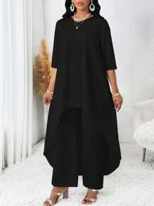 SHEIN Lady Plus Size Casual Commuter Solid Color Long Top & Pants Set