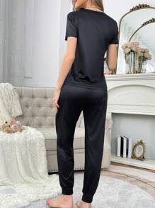 Women English Slogan Print Simple Top And Long Pants Pajama Set - Multicolor - View 2