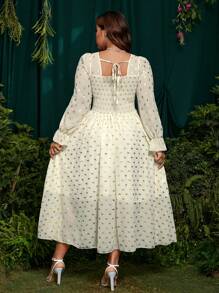 SHEIN Belle 极简性感法式优雅高领长袖金箔雪纺连衣裙女春夏浪漫度假 - 杏色 - 查看 2