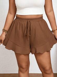 Elaquor 2 Pcs/Set Plus Size Solid Color Shorts With French Ruffle Hem Spring To Summer - Brown - View 7