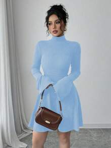 Elenzga Vestido casual de mujer de longitud media con cuello de camisa falso, manga larga, abotonado parcial delantero, bolsillo y diseño de empalme de color contrastado en mangas y dobladillo, adecuado para otoño/invierno