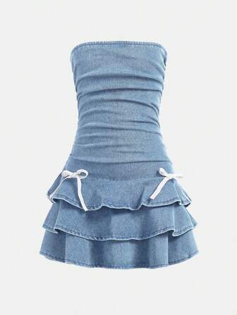 SHEIN Girlism Tween Girls Y2K Fashion Stonewashed Snug Fit Dress With Layer And Bowknot Detailed