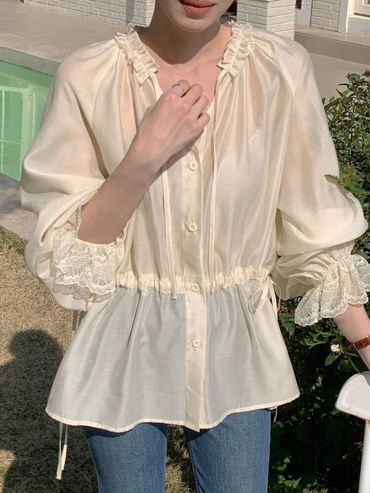 Women's Lace Panel Cinched Waist Front Shirt,Ruffle,Babydoll Top
