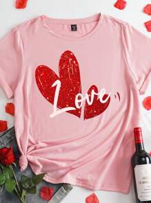 SHEIN LUNE 大码女式爱情字母和心形印花圆领短袖休闲上衣，适合情人节礼物 - 白色 - 查看 4