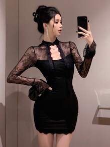 DAZY Sexy Sheer Lace Patchwork Cutout Mini Bodycon Dress, Perfect For Date Night And Formal Events Prom Dress,Fall Dress Long Sleeve Dress - Black - View 6