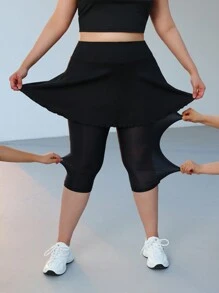 SHEIN EZwear Plus Size Black Running Skirt With Built-In Pockets, Leggings