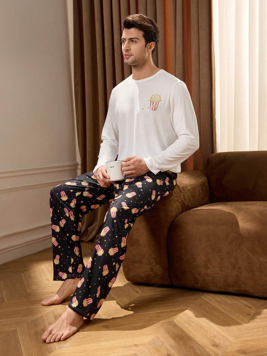 Notgurli 1 Set Men's Popcorn Print Long Sleeve Lounge Top And Pants Pajama Sets - Black and White - View 1