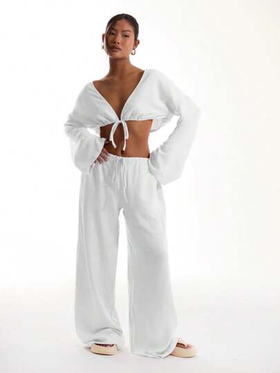 MUSERA Tie Front Linen Feel Beach Trousers Elegant Summer Vacation Sun Casual Boho White Airport Beach Pants Spring Holiday