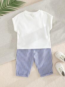 Cozy Pixies 2pcs/Set Baby Boy Decorative Pocket Knitted Soft Round Neck Raglan Short Sleeve Pullover Top And Striped Pants Set - Multicolor - View 2