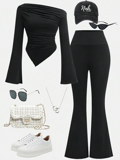 Girlism 青少年女孩 2 件套休闲灰色褶皱长袖修身针织上衣和喇叭裤套装，适合居家和户外、旅行装机场