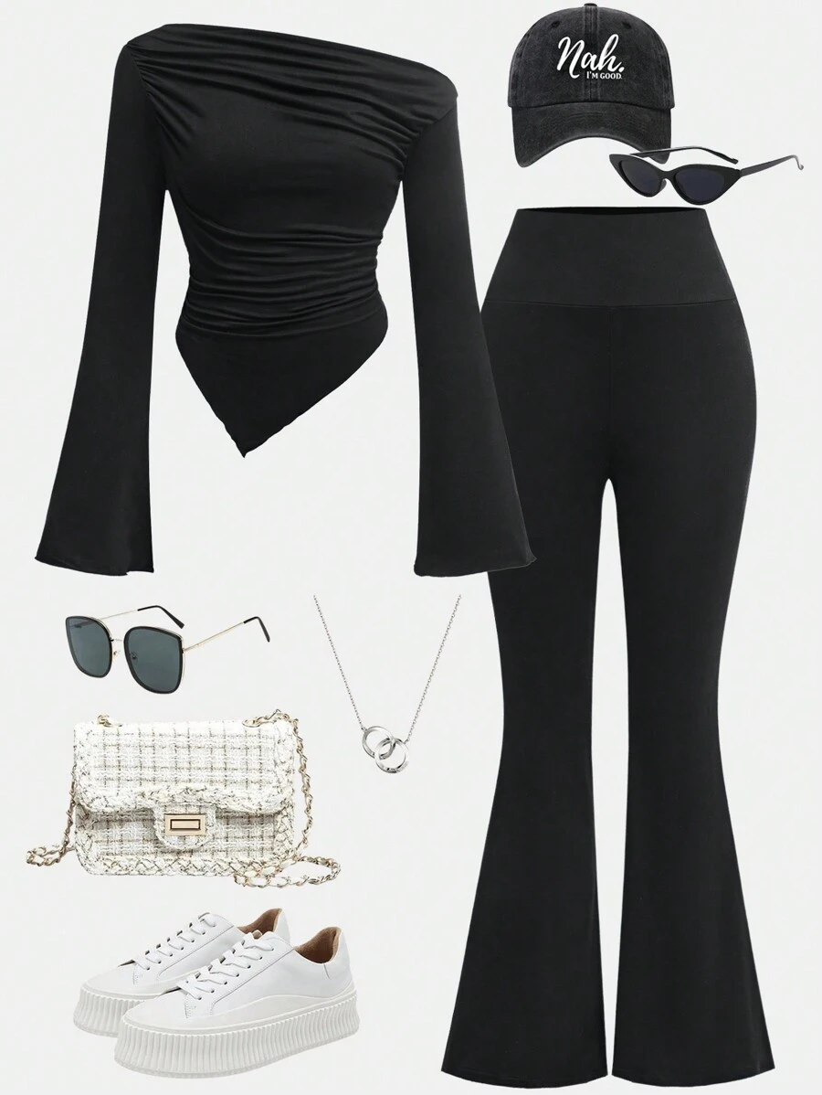 Girlism 青少年女孩 2 件套休闲灰色褶皱长袖修身针织上衣和喇叭裤套装，适合居家和户外、旅行装机场 - 黑色 - 查看 1