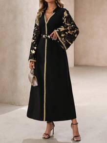 SHEIN Clasi Áo choàng dài bằng vải chiffon rộng rãi có thắt lưng cho tiệc lễ của phụ nữ, phong cách Ramadan - màu đen - Xem 4