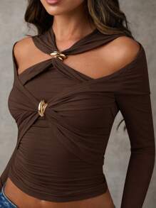 SHEIN BAE Women's Solid Color Cut-Out Long Sleeve Cropped Fitted T-Shirt, Autumn - Coffee Brown - View 6