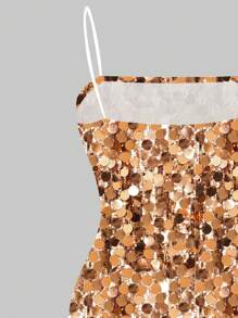 SHEIN EZwear Casual Minimalist Party Style Faux Gold Glitter Allover Print Slip Contrast Sequin Dress For Women, Suitable For Party