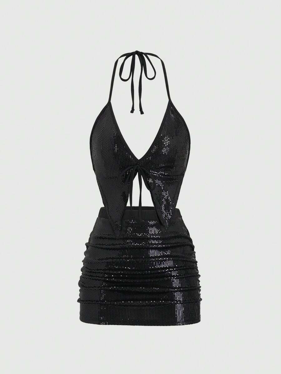 EgrlEra 女士 2 件套派对亮片露背上衣和迷你裙。派对必备品。圣诞节、新年前夜派对。Y2K 装扮，适合新年假期派对服装 - 黑色 - 查看 1