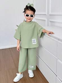 2 件套年轻女孩立领纯色上衣和长裤套装 - 綠色 - 查看 3