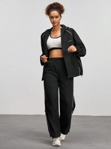 女士字母印花连帽夹克和裤子户外套装