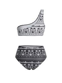 Swim Oasis Women's Asymmetrical Neck Sleeveless Bikini Top And Bottom Swimwear Set & Cover Up, Summer Beach Vacation Boho Outfit